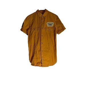 Harley Davidson orange button down shirt sleeve medium shirt with patches.